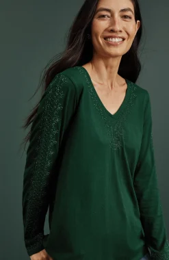 Metallic-Embroidered V-Neck Top