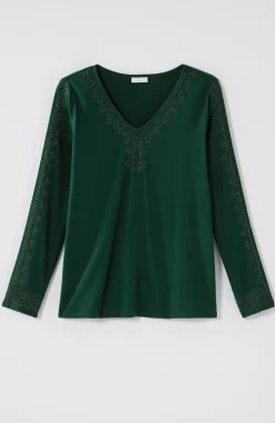 Metallic-Embroidered V-Neck Top