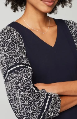 Mixed-Media Embroidered-Sleeve Top
