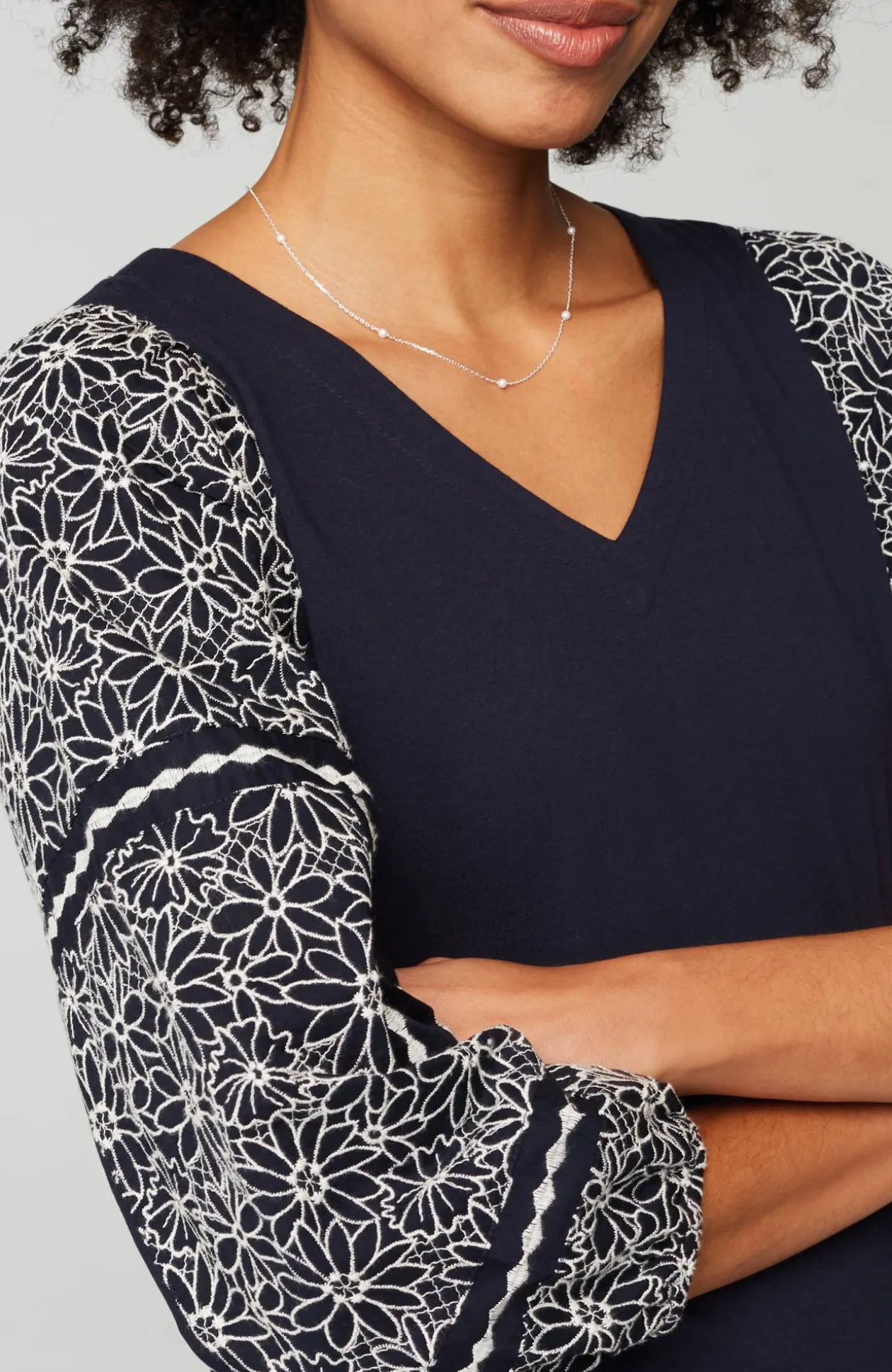 Mixed-Media Embroidered-Sleeve Top