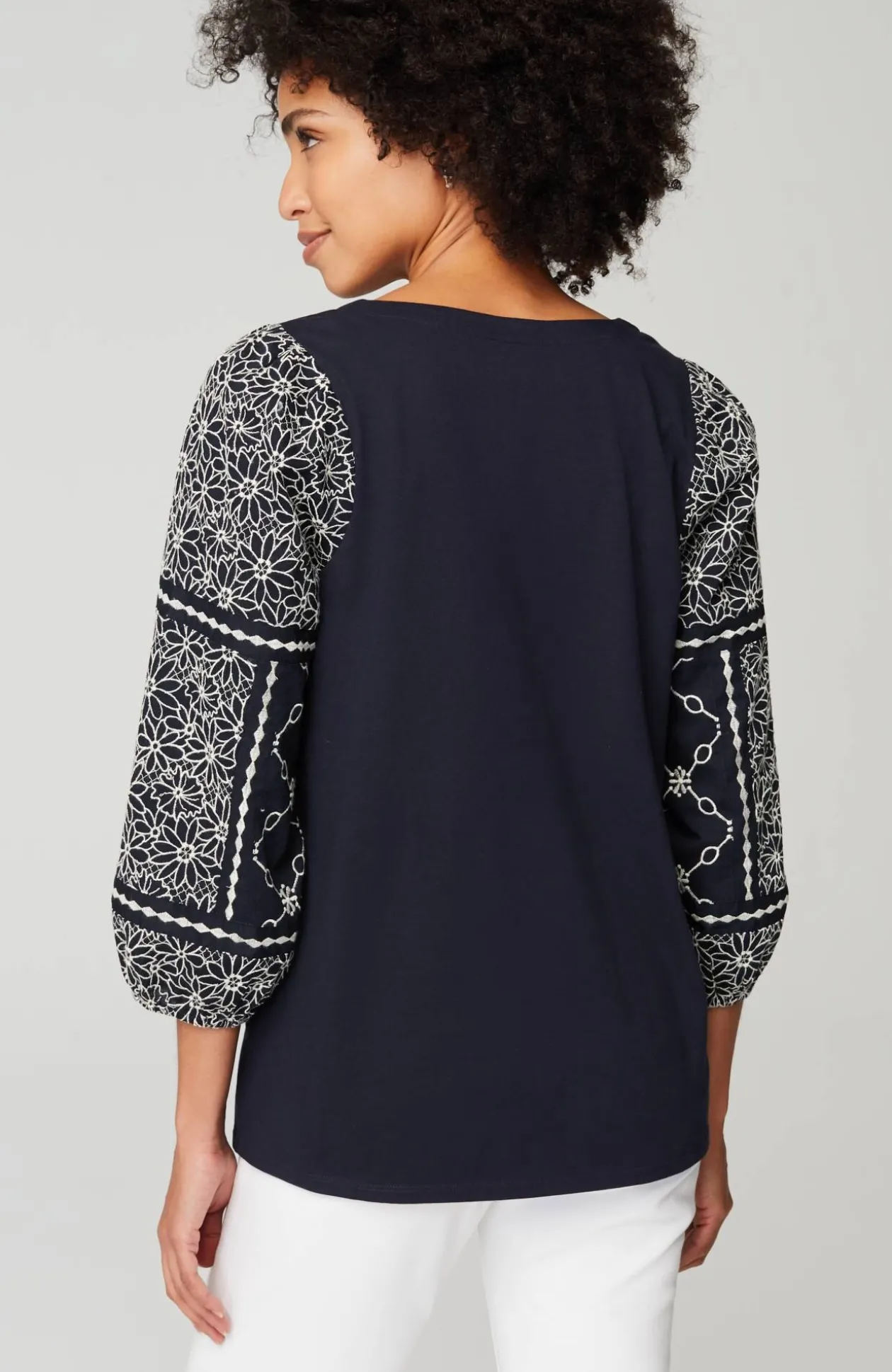 Mixed-Media Embroidered-Sleeve Top