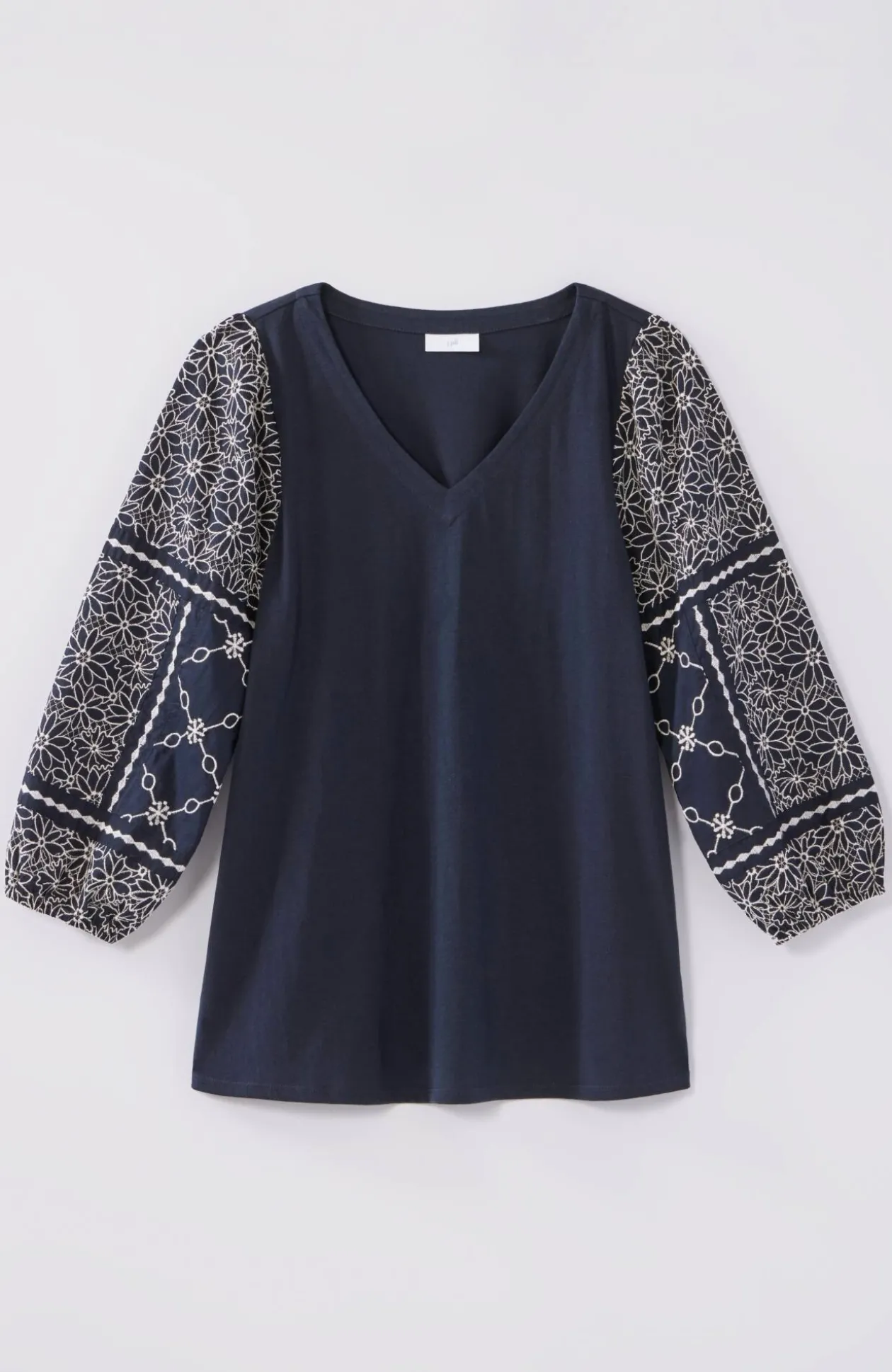 Mixed-Media Embroidered-Sleeve Top