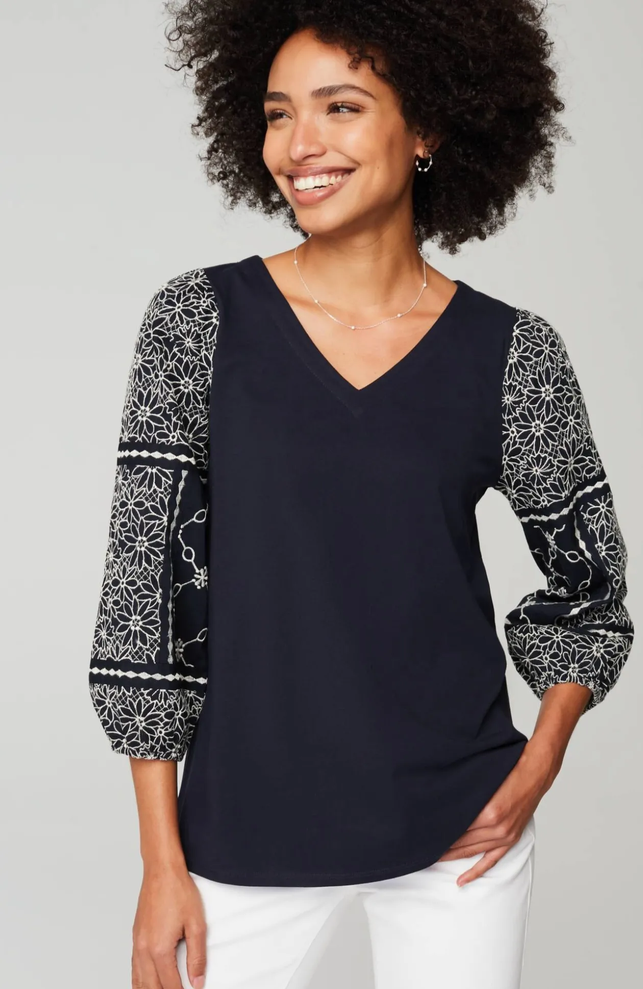 Mixed-Media Embroidered-Sleeve Top