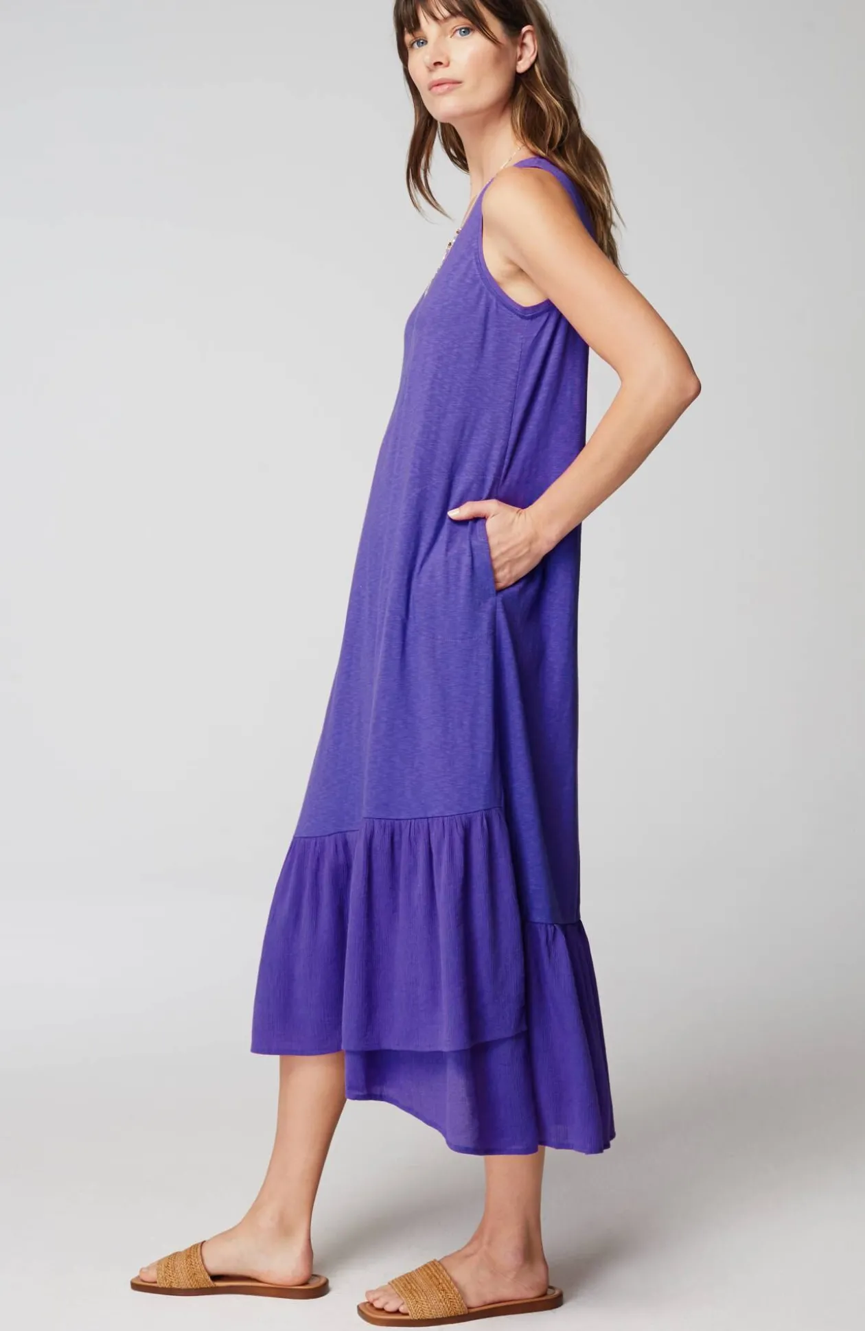 Mixed-Media Flounced-Hem Knit Dress