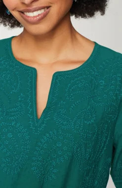 Paisley-Embroidered Split-Neck Top