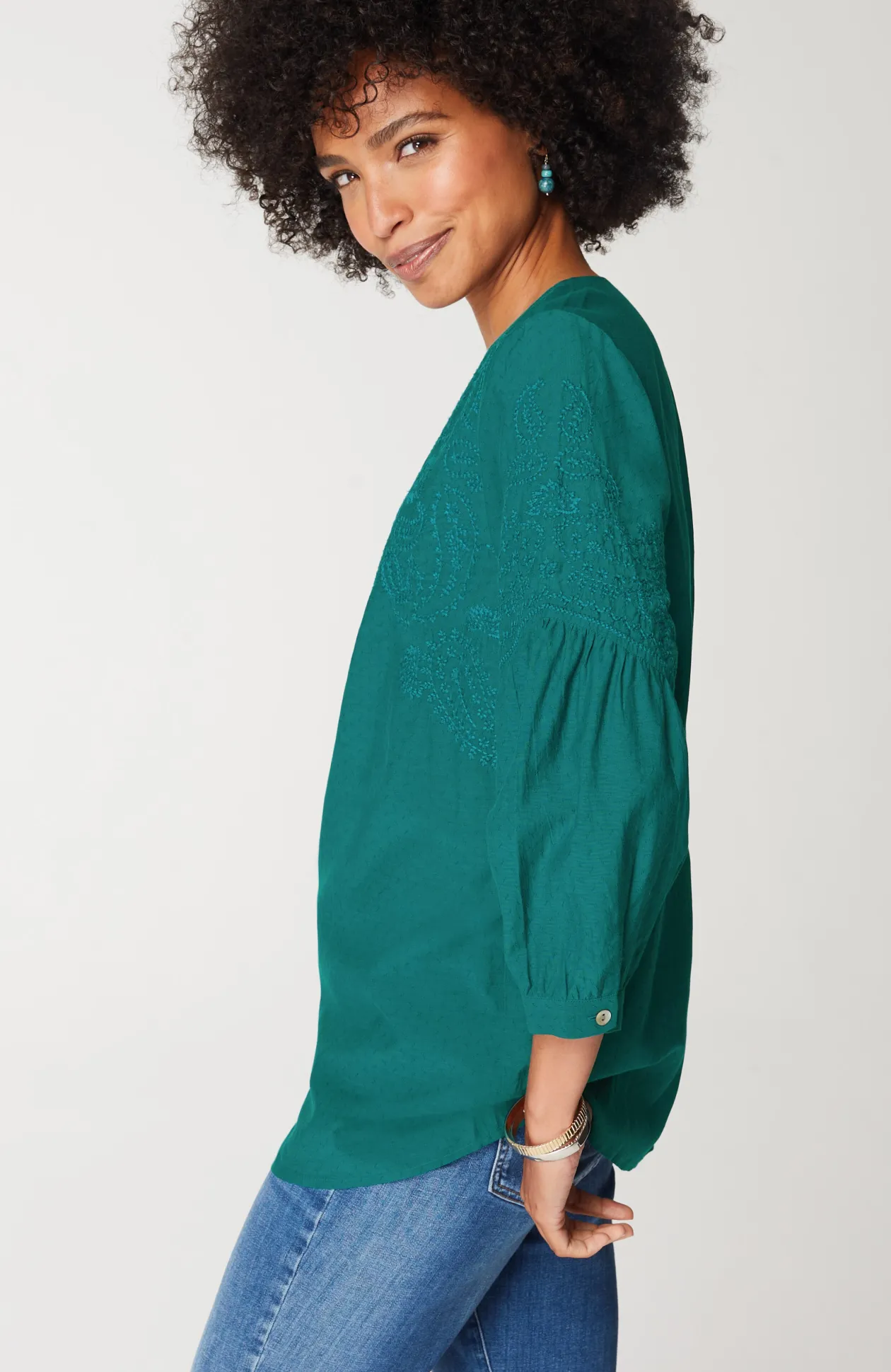 Paisley-Embroidered Split-Neck Top