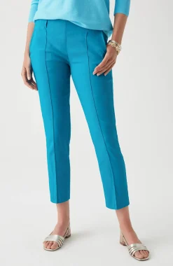 Pintucked Linen-Stretch Slim-Leg Pants