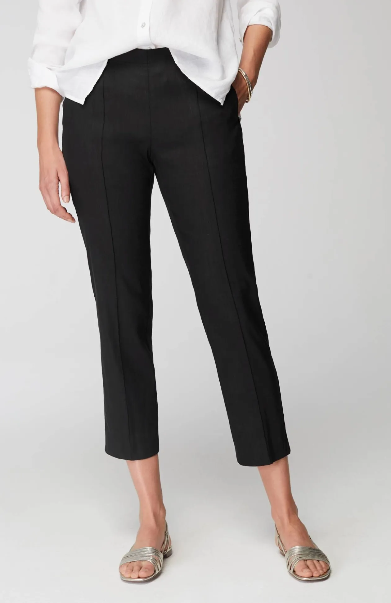 Pintucked Linen-Stretch Slim-Leg Pants