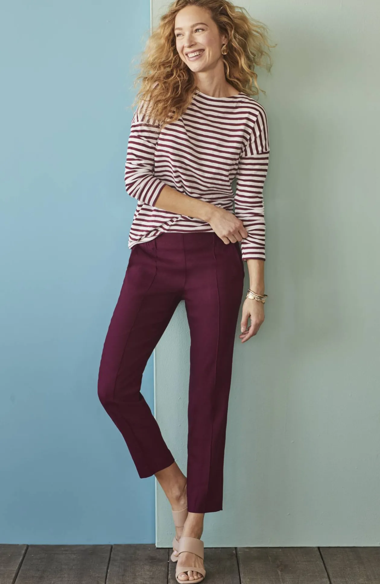 Pintucked Linen-Stretch Slim-Leg Pants
