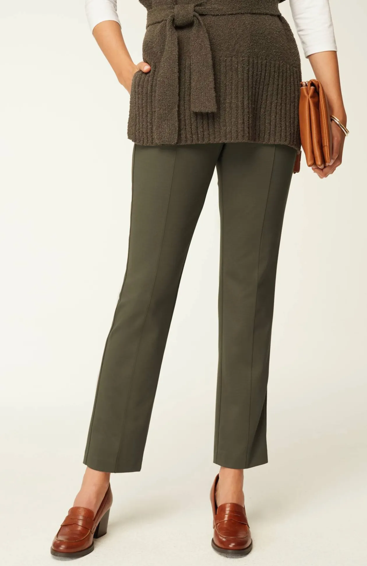 Pintucked Ponte Slim-Leg Pants