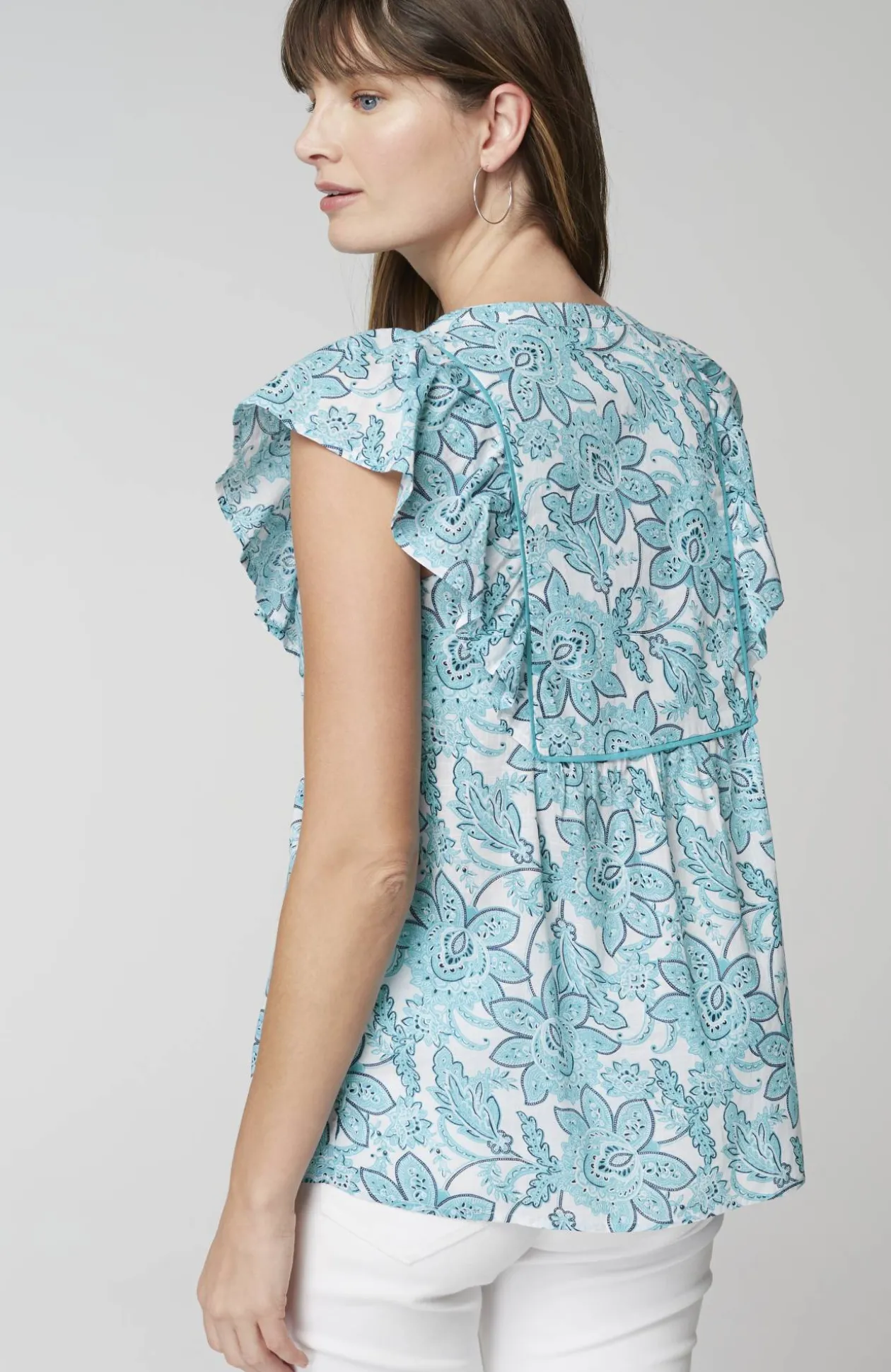 Piping-Trim Ruffle-Sleeve Top
