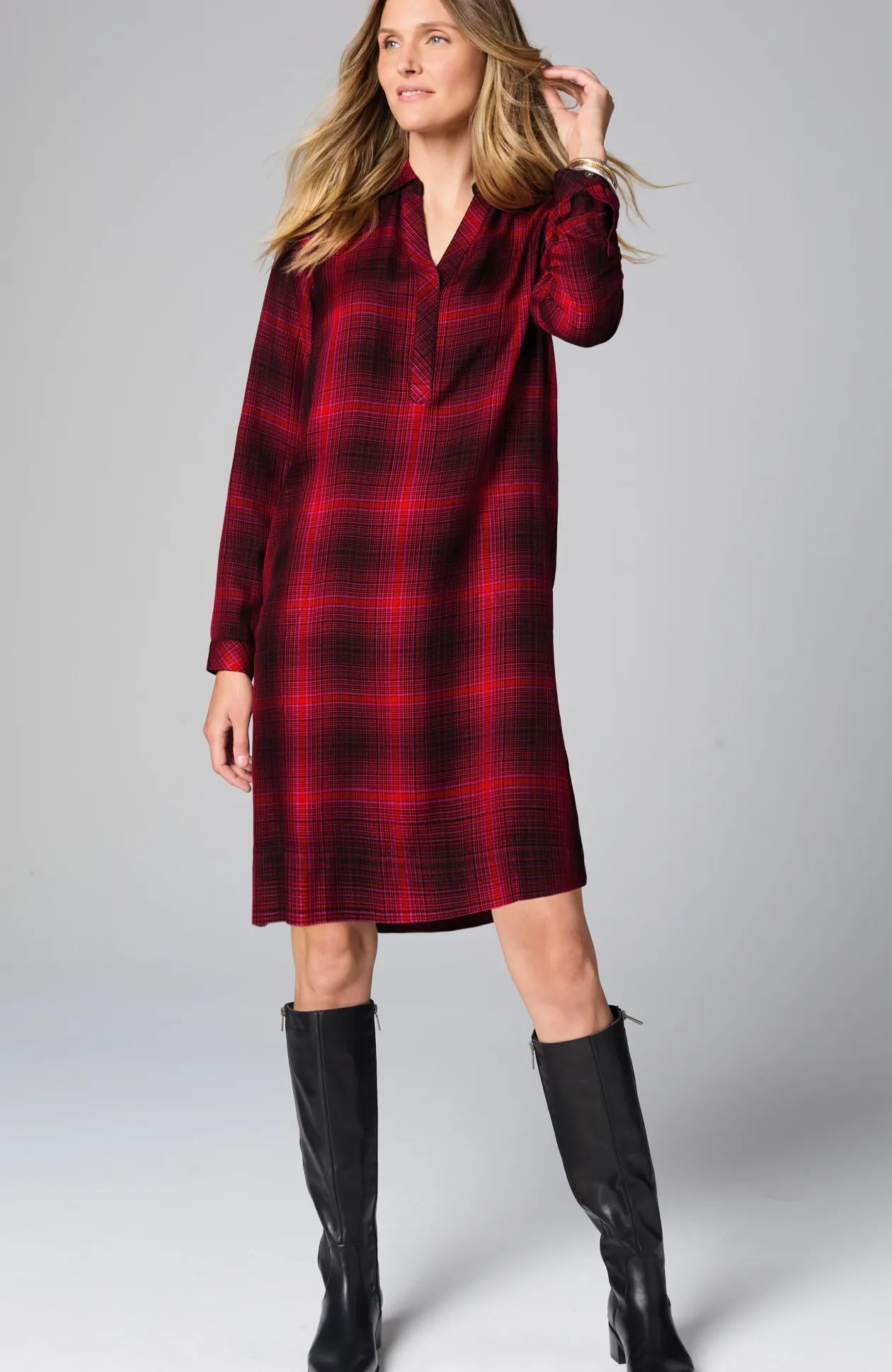 Plaid Split-Neck Dress