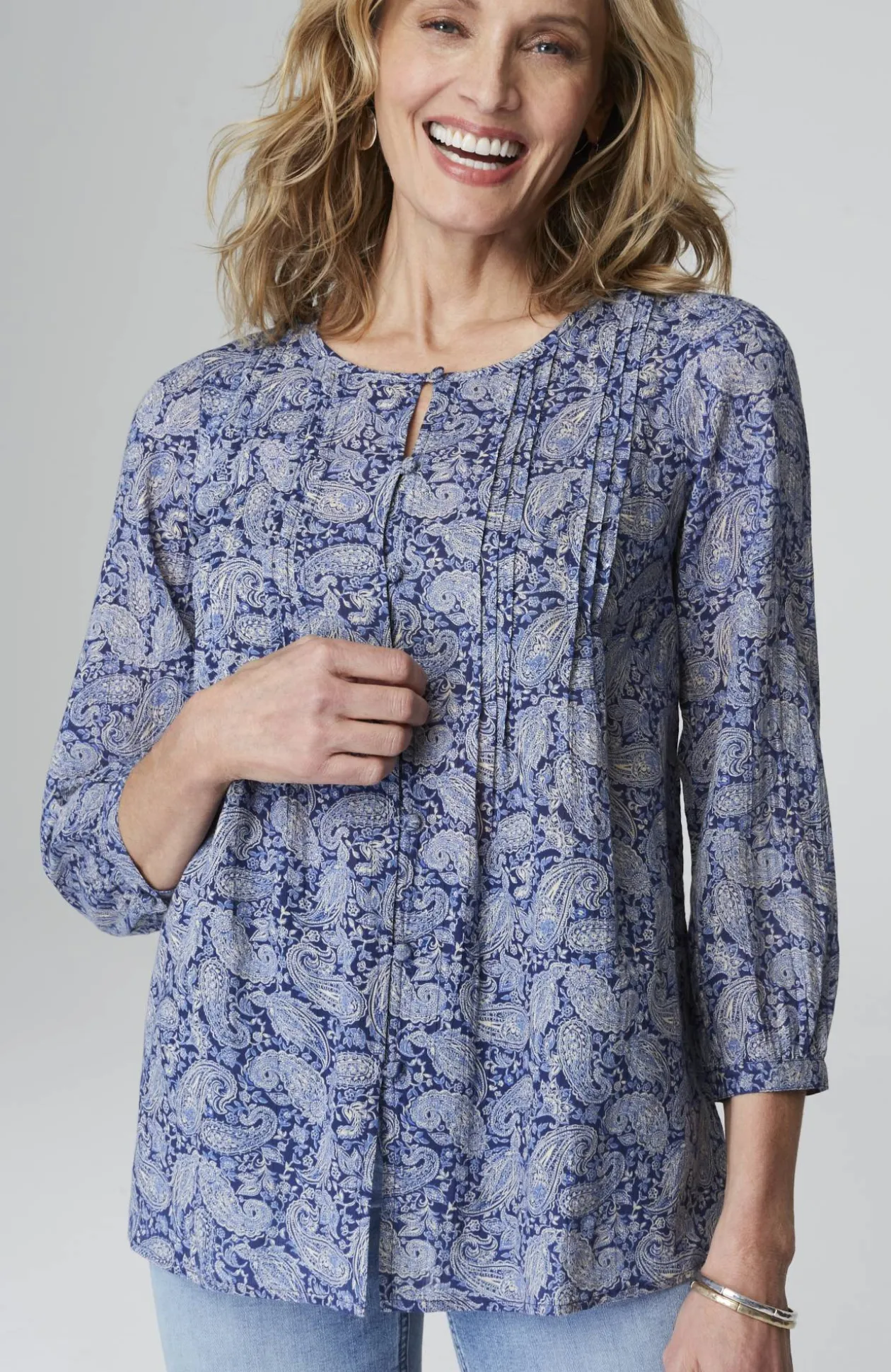 Printed A-Line Pintucked Top