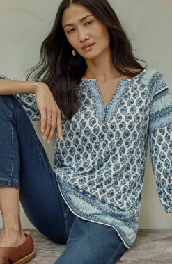 Pure Jill Border-Printed Split-Neck Tunic