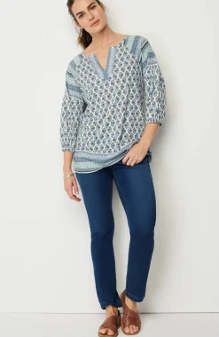 Pure Jill Border-Printed Split-Neck Tunic