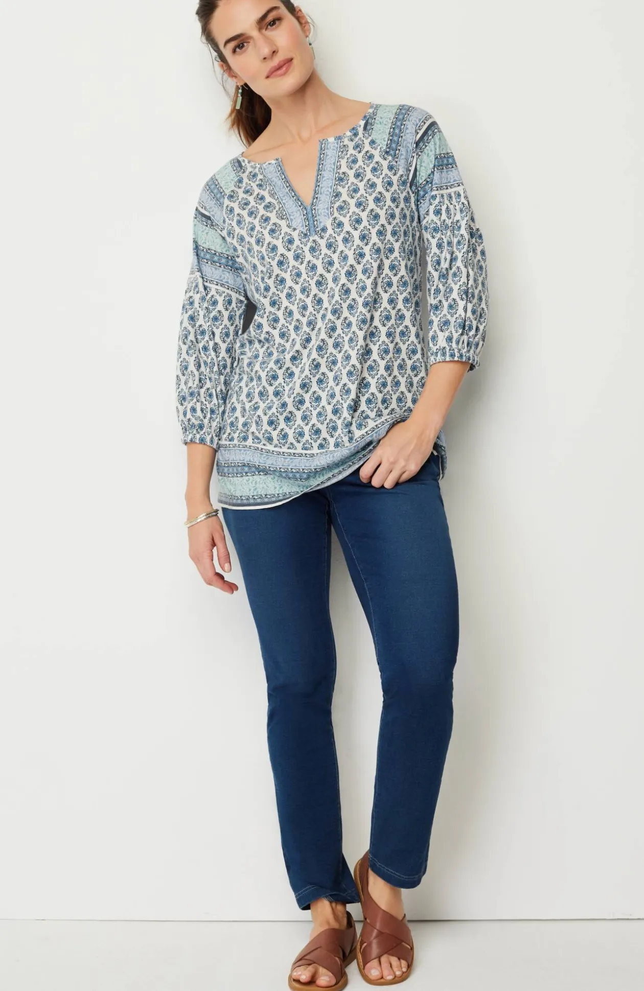 Pure Jill Border-Printed Split-Neck Tunic