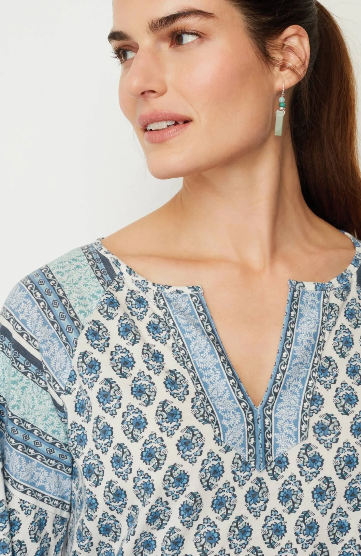 Pure Jill Border-Printed Split-Neck Tunic