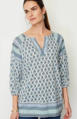 Pure Jill Border-Printed Split-Neck Tunic