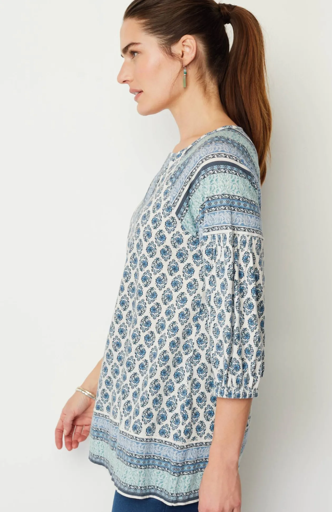 Pure Jill Border-Printed Split-Neck Tunic