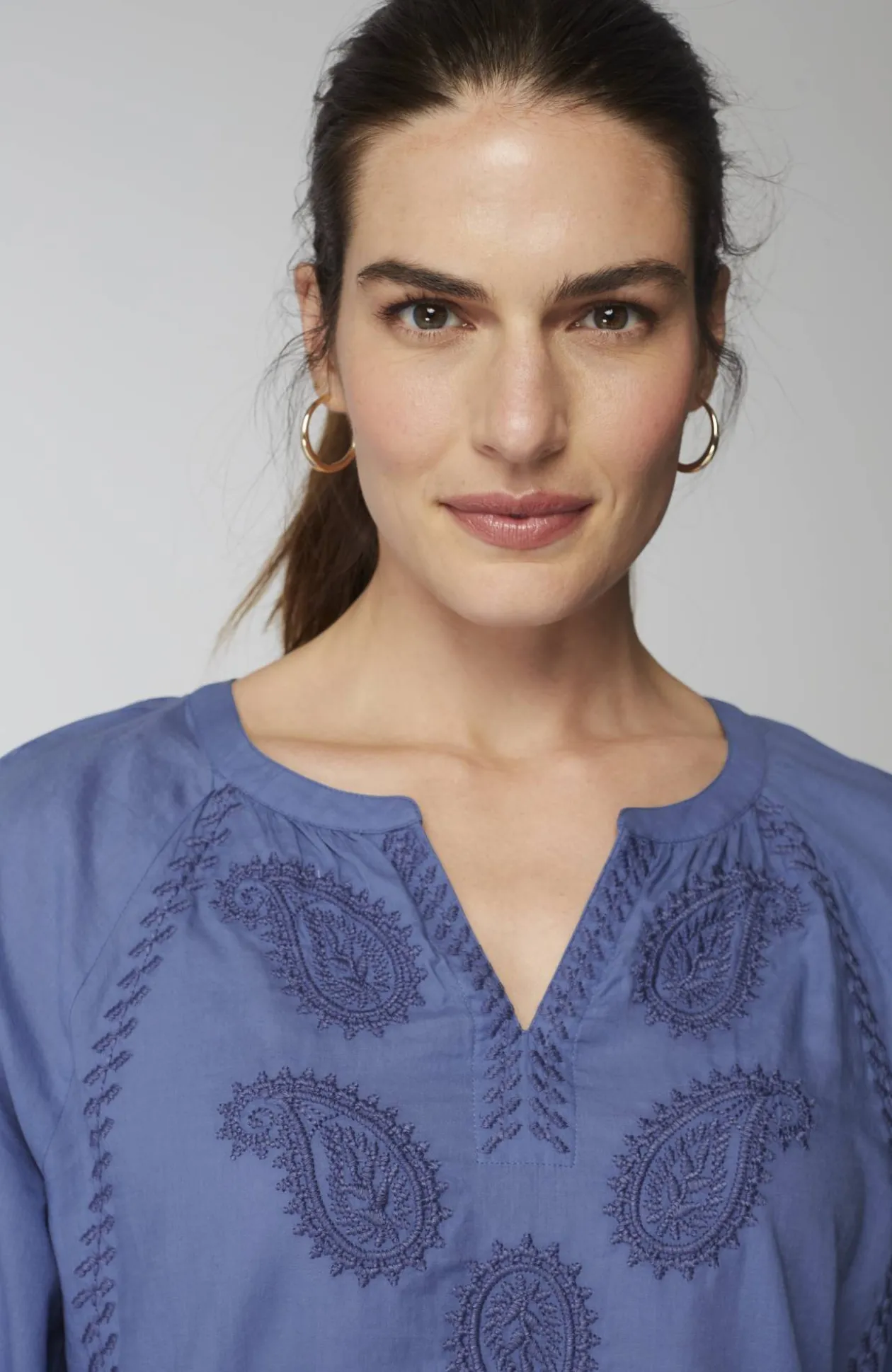 Pure Jill Cotton-Twill Tonal-Embroidered Top