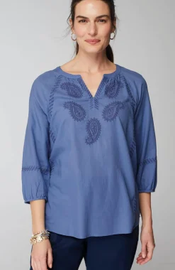 Pure Jill Cotton-Twill Tonal-Embroidered Top