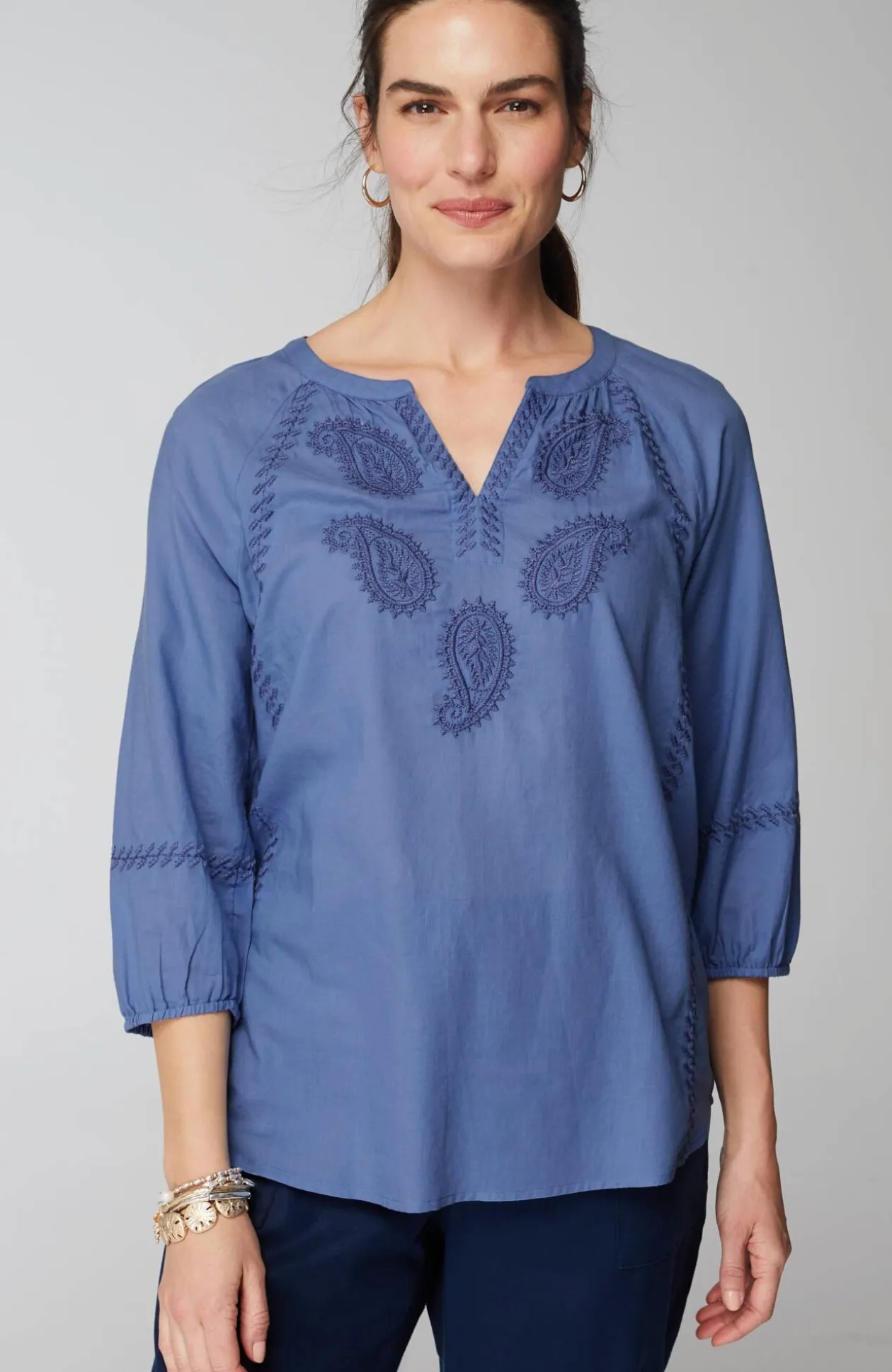 Pure Jill Cotton-Twill Tonal-Embroidered Top