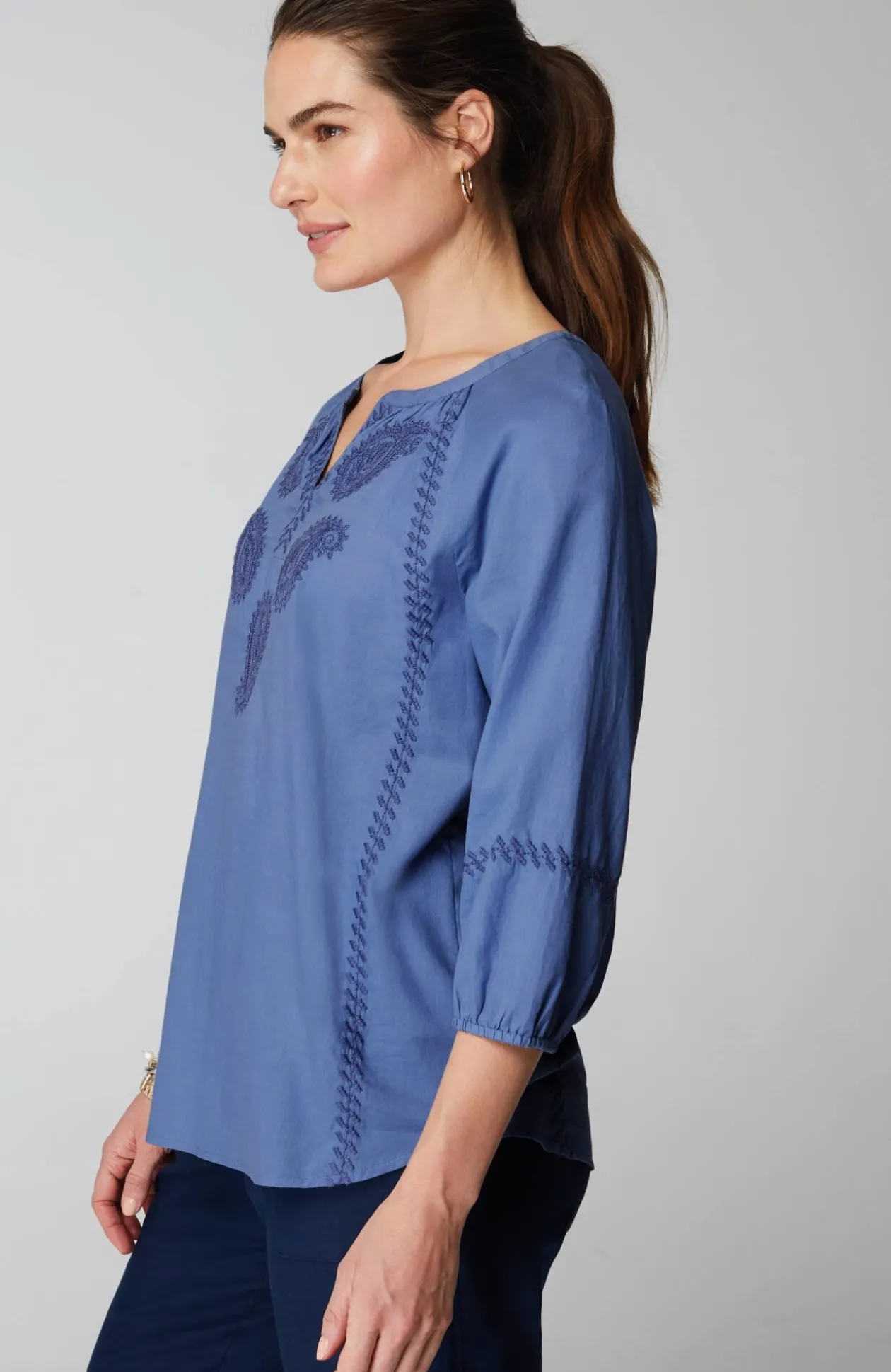 Pure Jill Cotton-Twill Tonal-Embroidered Top