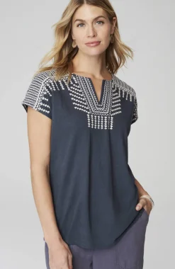 Pure Jill Embroidered Split-Neck Tee