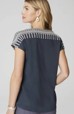 Pure Jill Embroidered Split-Neck Tee