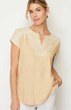 Pure Jill Embroidered Split-Neck Tee