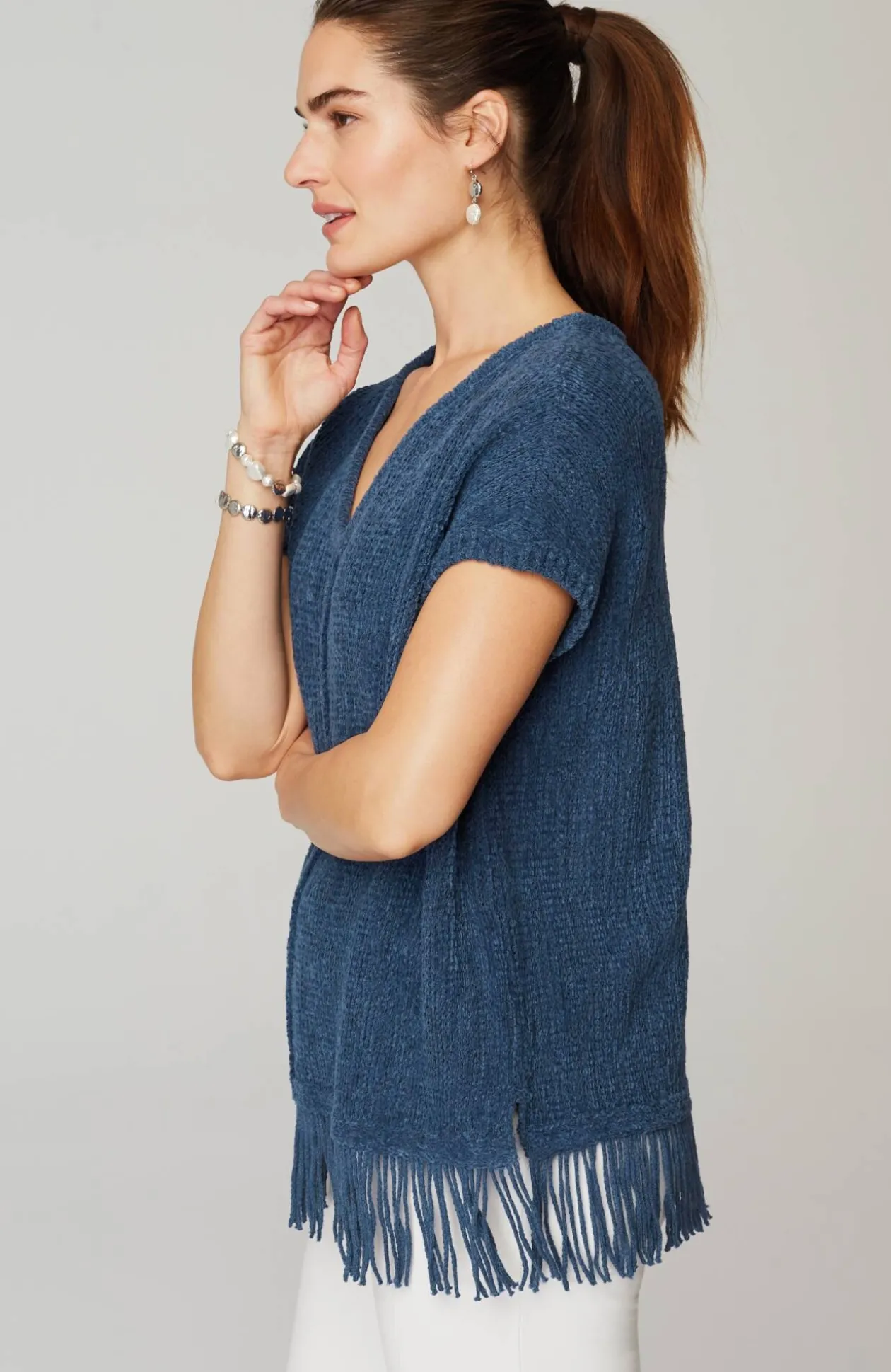 Pure Jill Fringed-Hem V-Neck Sweater