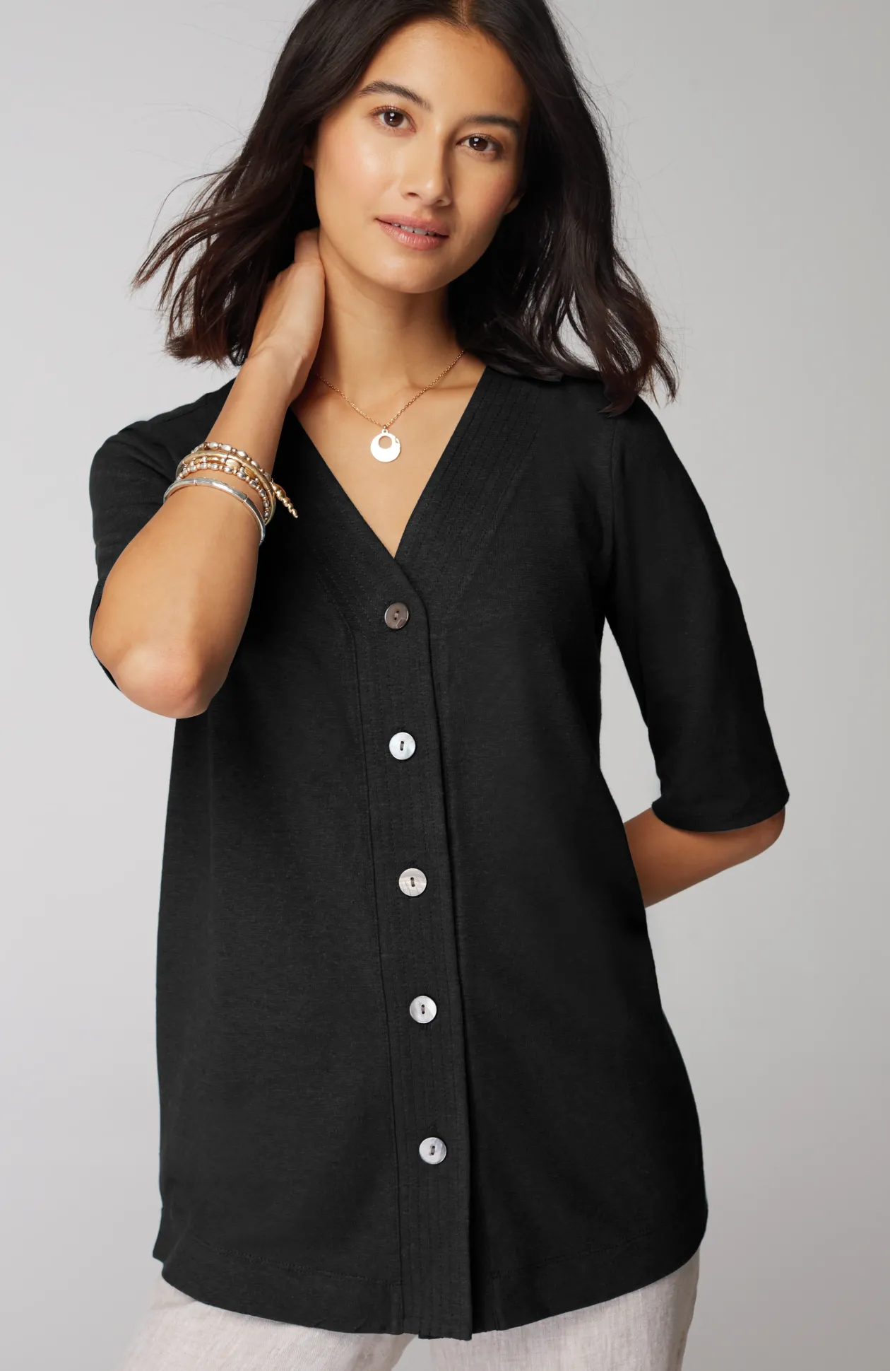 Pure Jill Hemp & Cotton Button-Front Top
