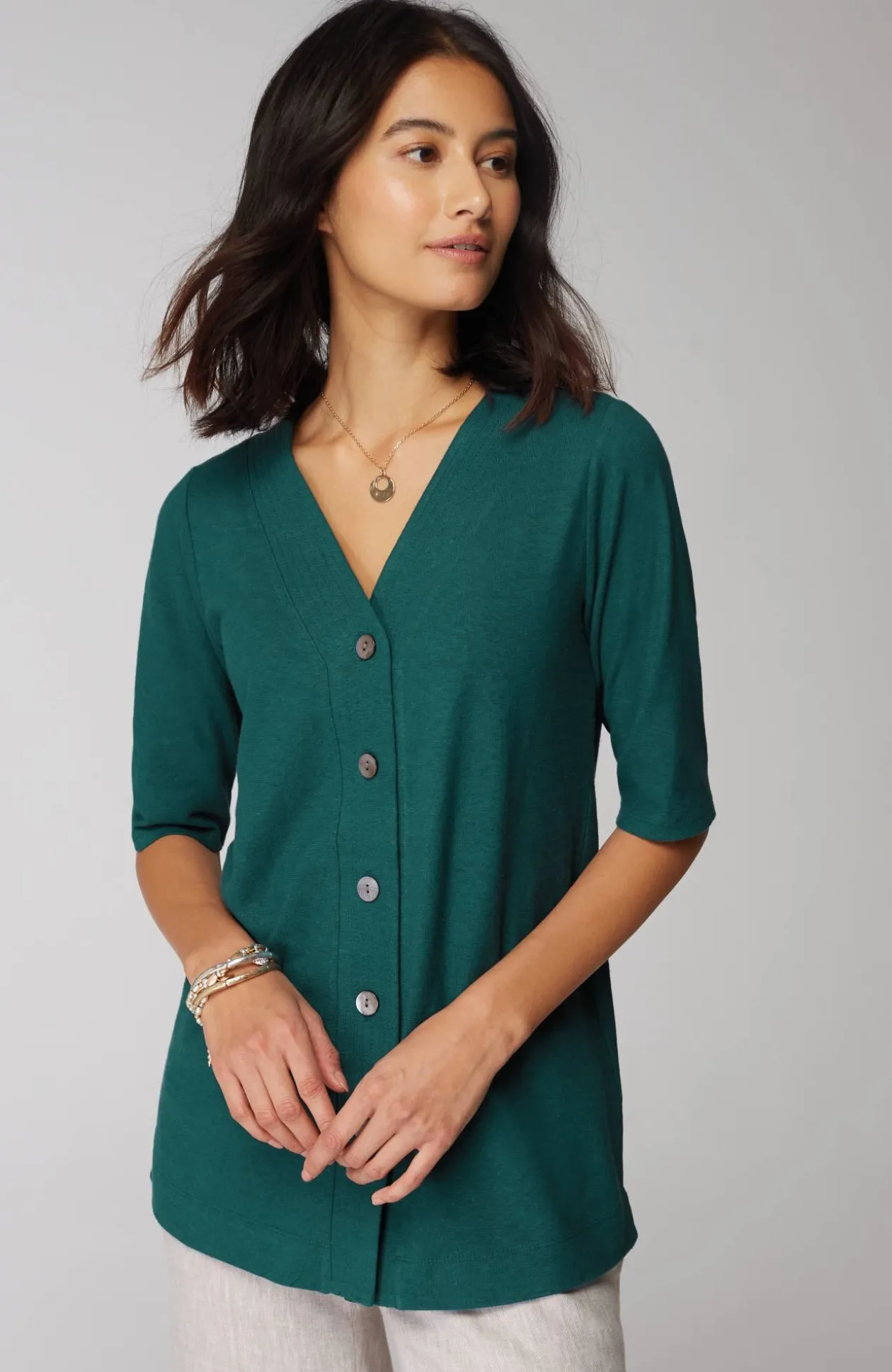 Pure Jill Hemp & Cotton Button-Front Top