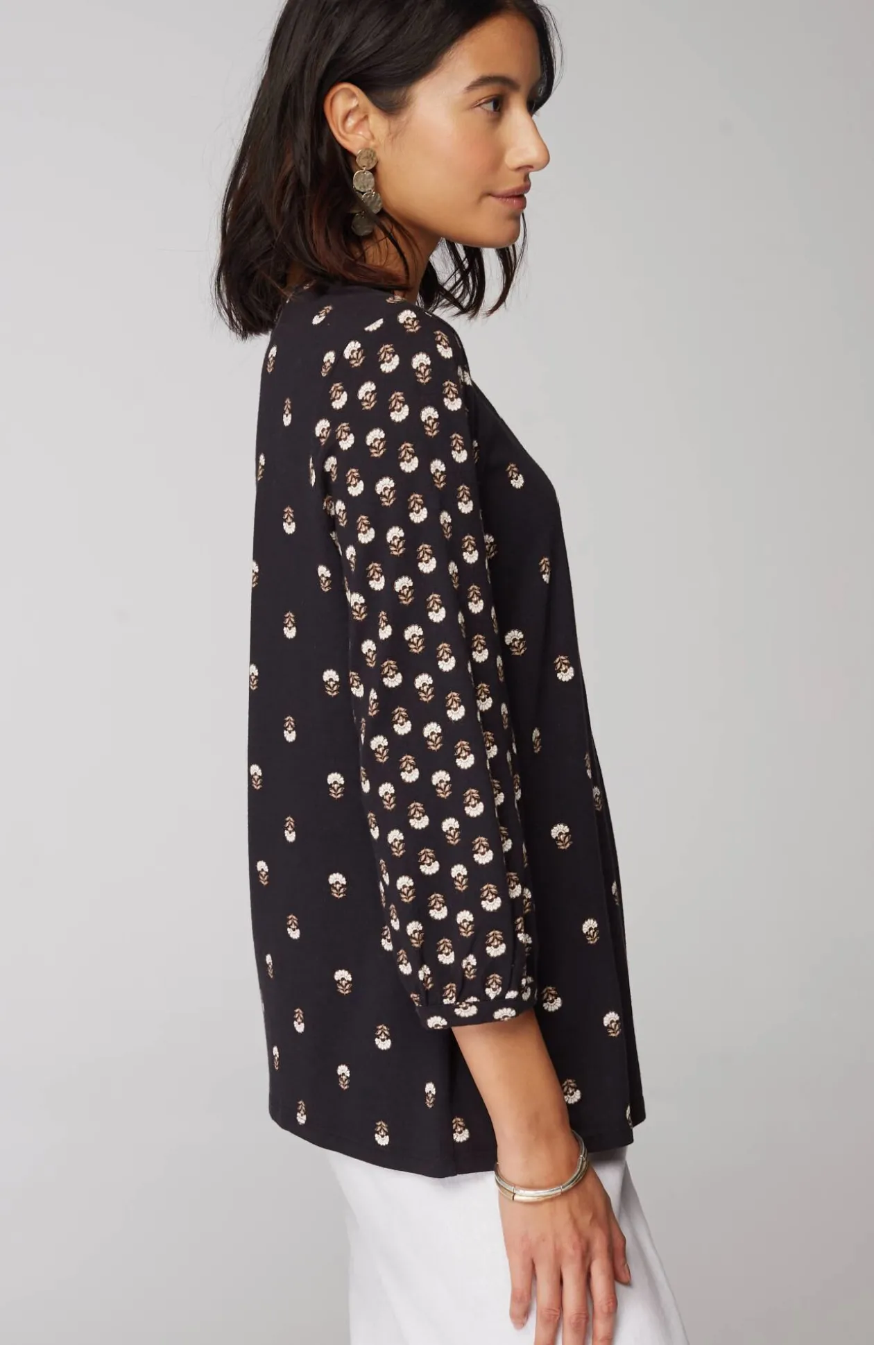 Pure Jill Mixed-Print Split-Neck Top