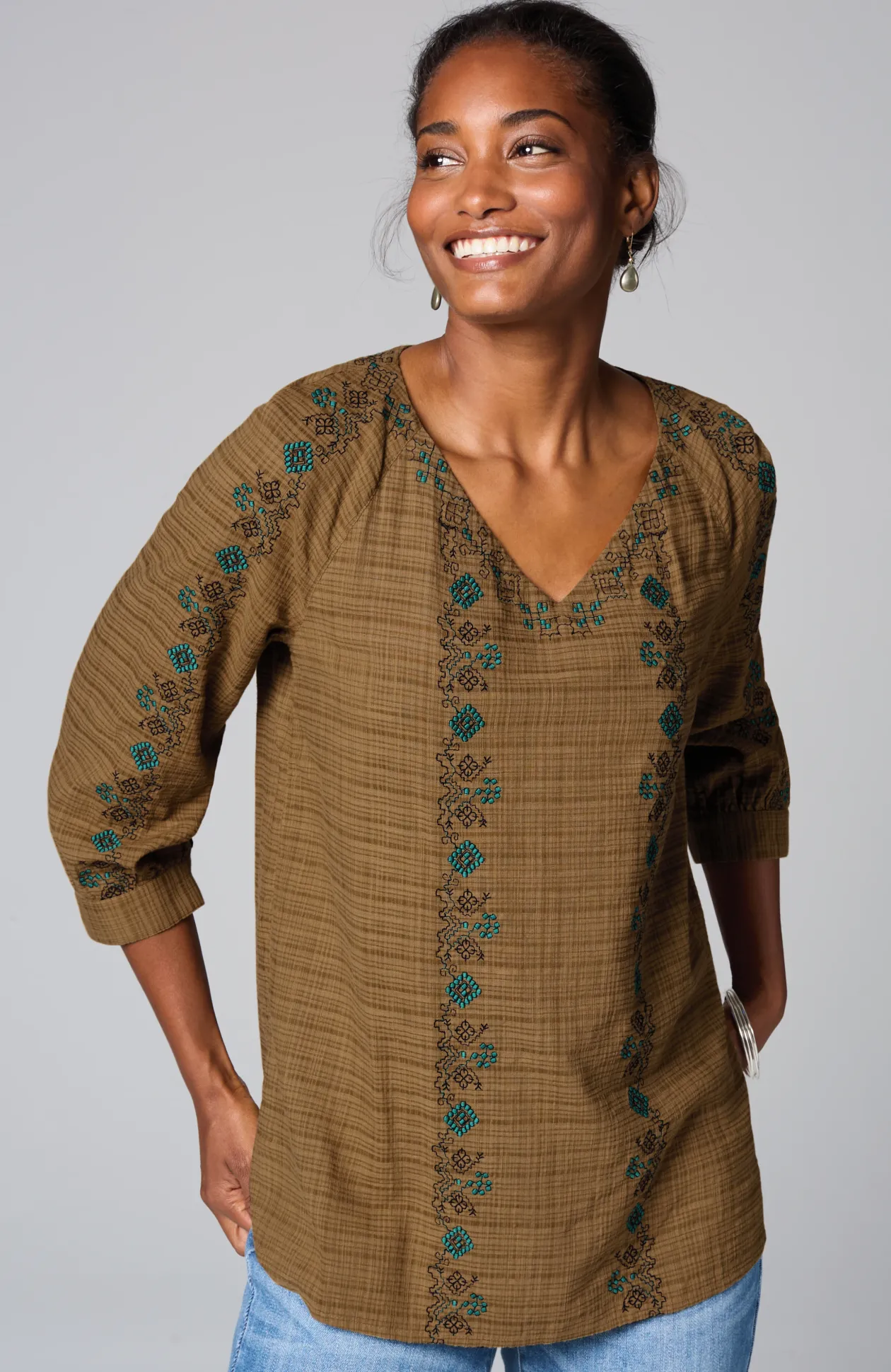 Pure Jill Multicolor-Embroidered V-Neck Top
