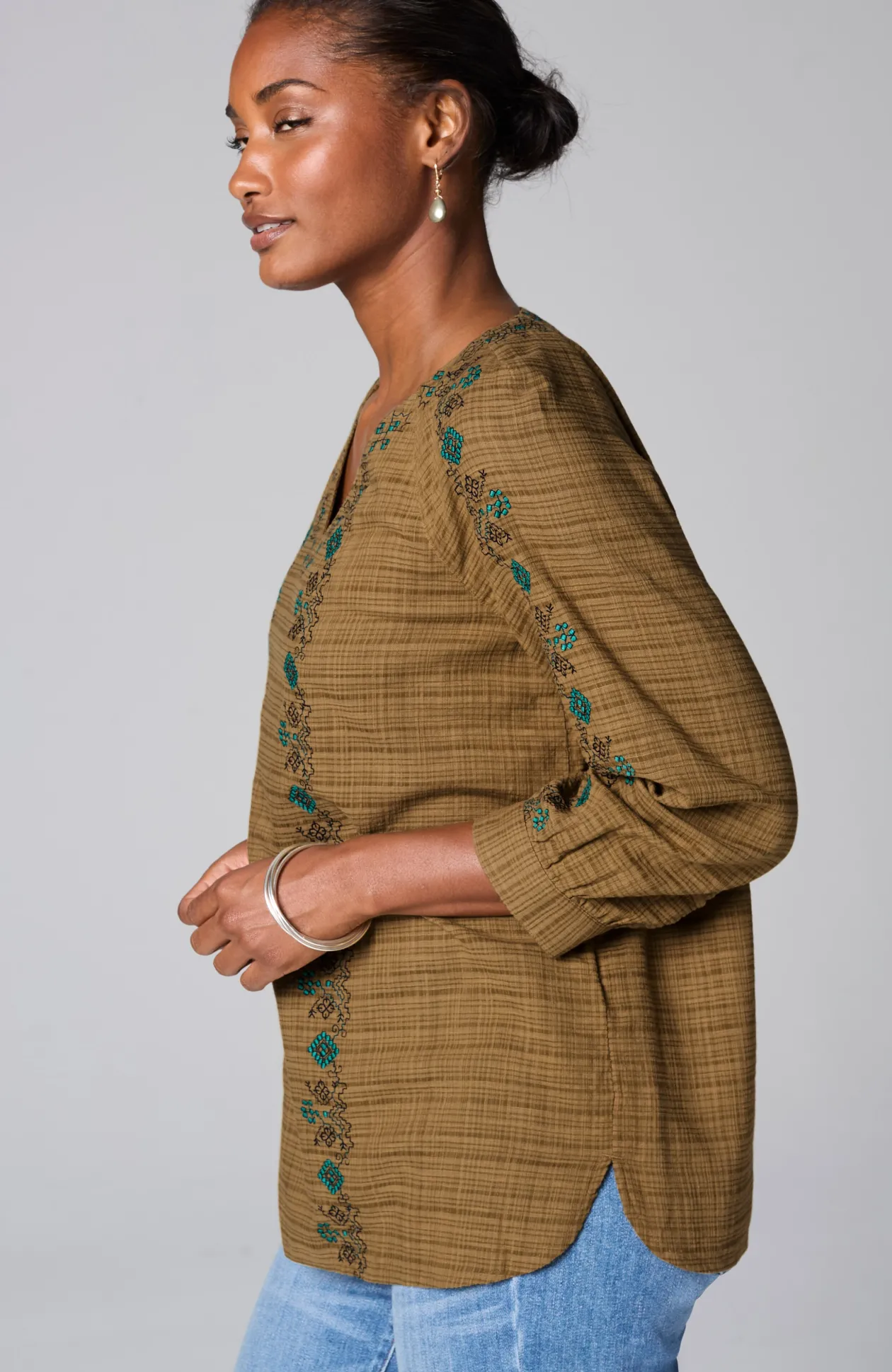 Pure Jill Multicolor-Embroidered V-Neck Top