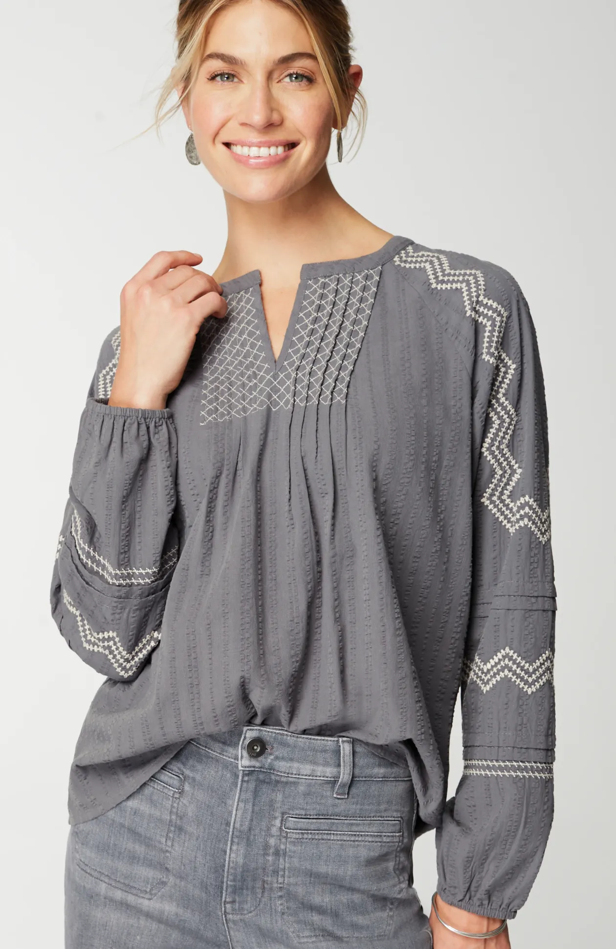 Pure Jill Pintucked Embroidered Blouse