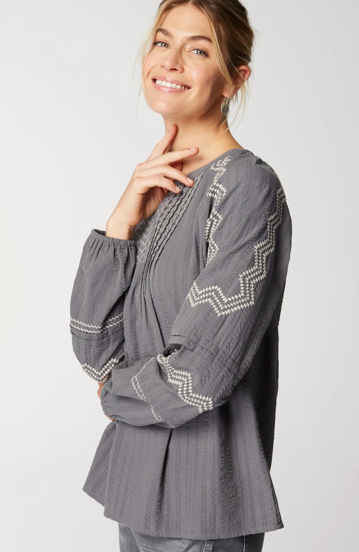 Pure Jill Pintucked Embroidered Blouse