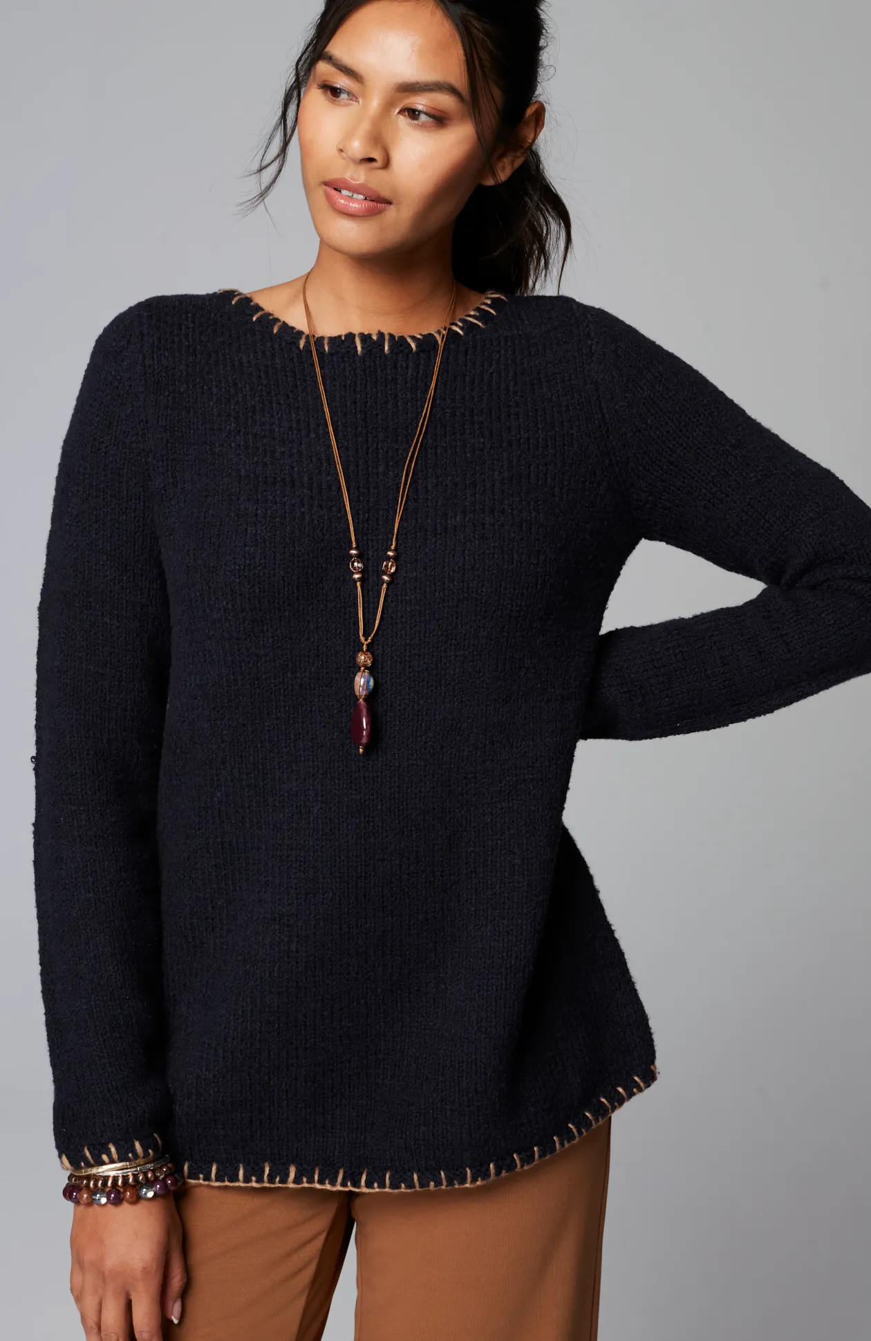Pure Jill Whipstitch-Trimmed Pullover Sweater