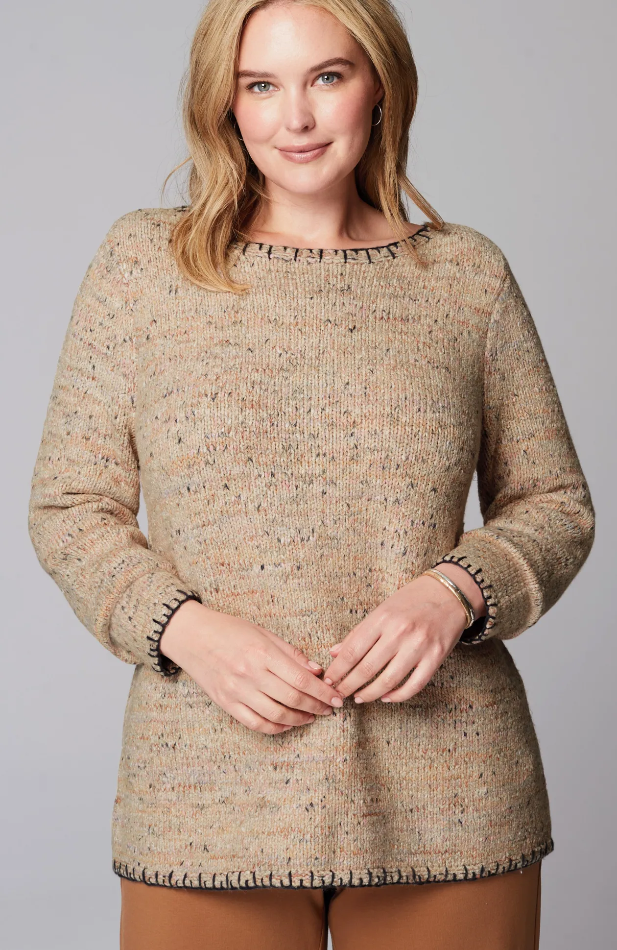 Pure Jill Whipstitch-Trimmed Pullover Sweater