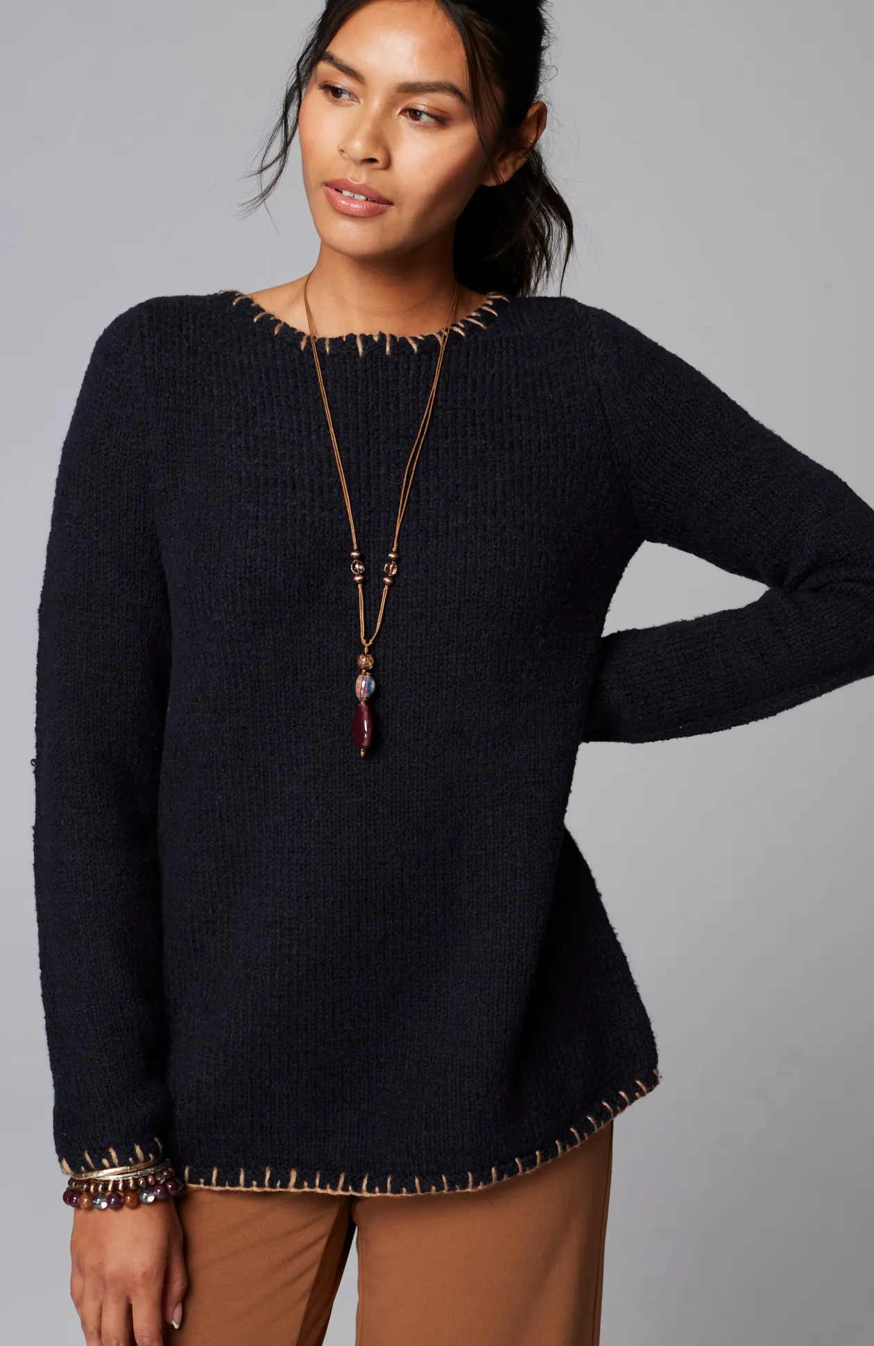 Pure Jill Whipstitch-Trimmed Pullover Sweater