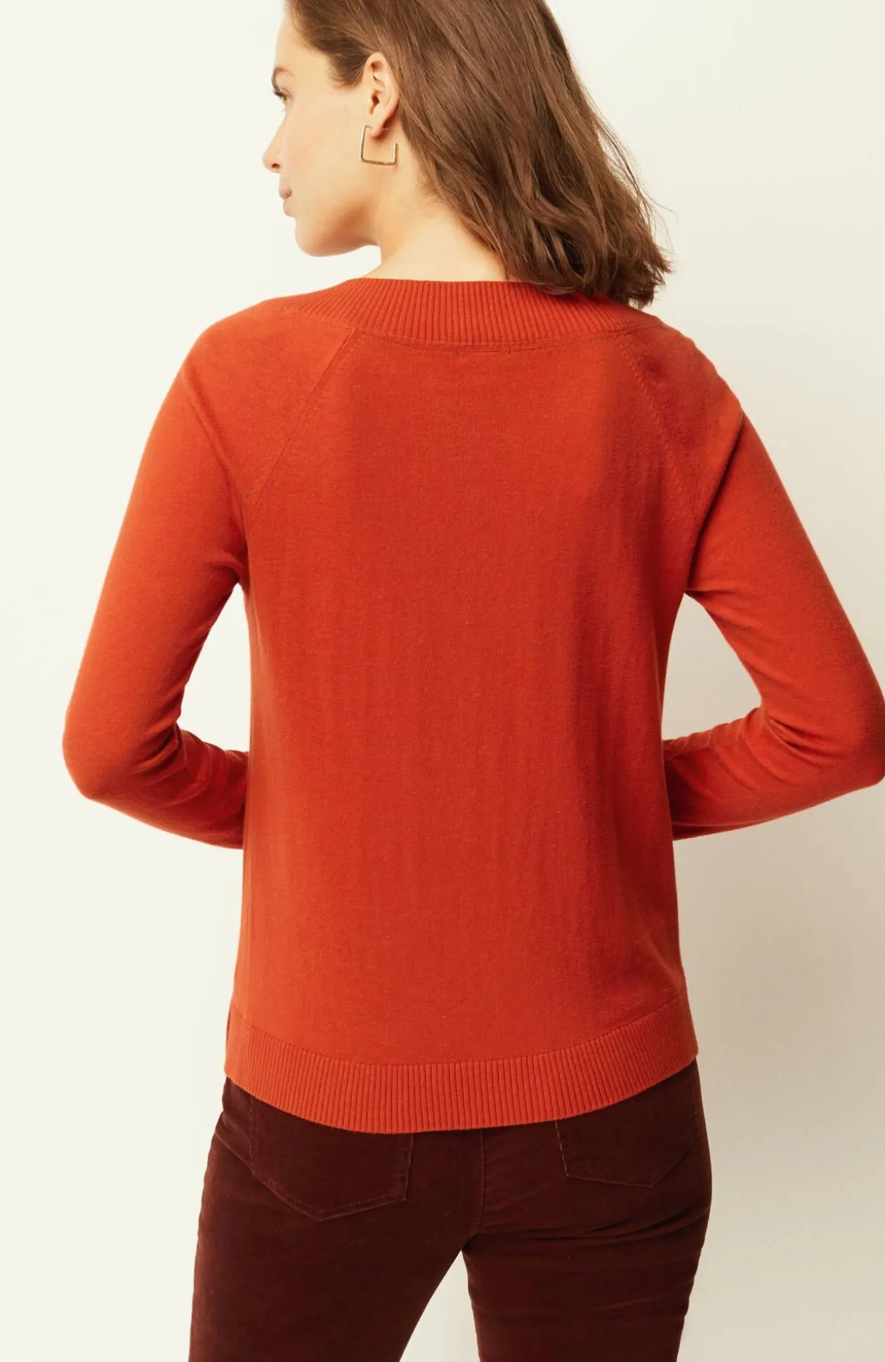 Ribbed-Border V-Neck Sweater