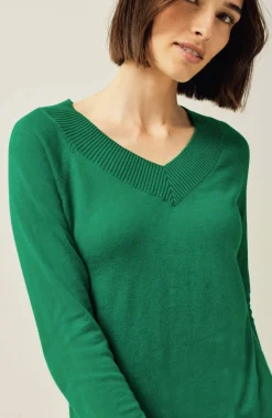Ribbed-Border V-Neck Sweater