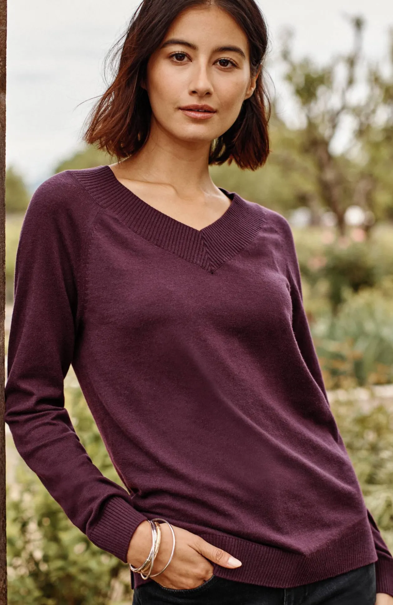 Ribbed-Border V-Neck Sweater