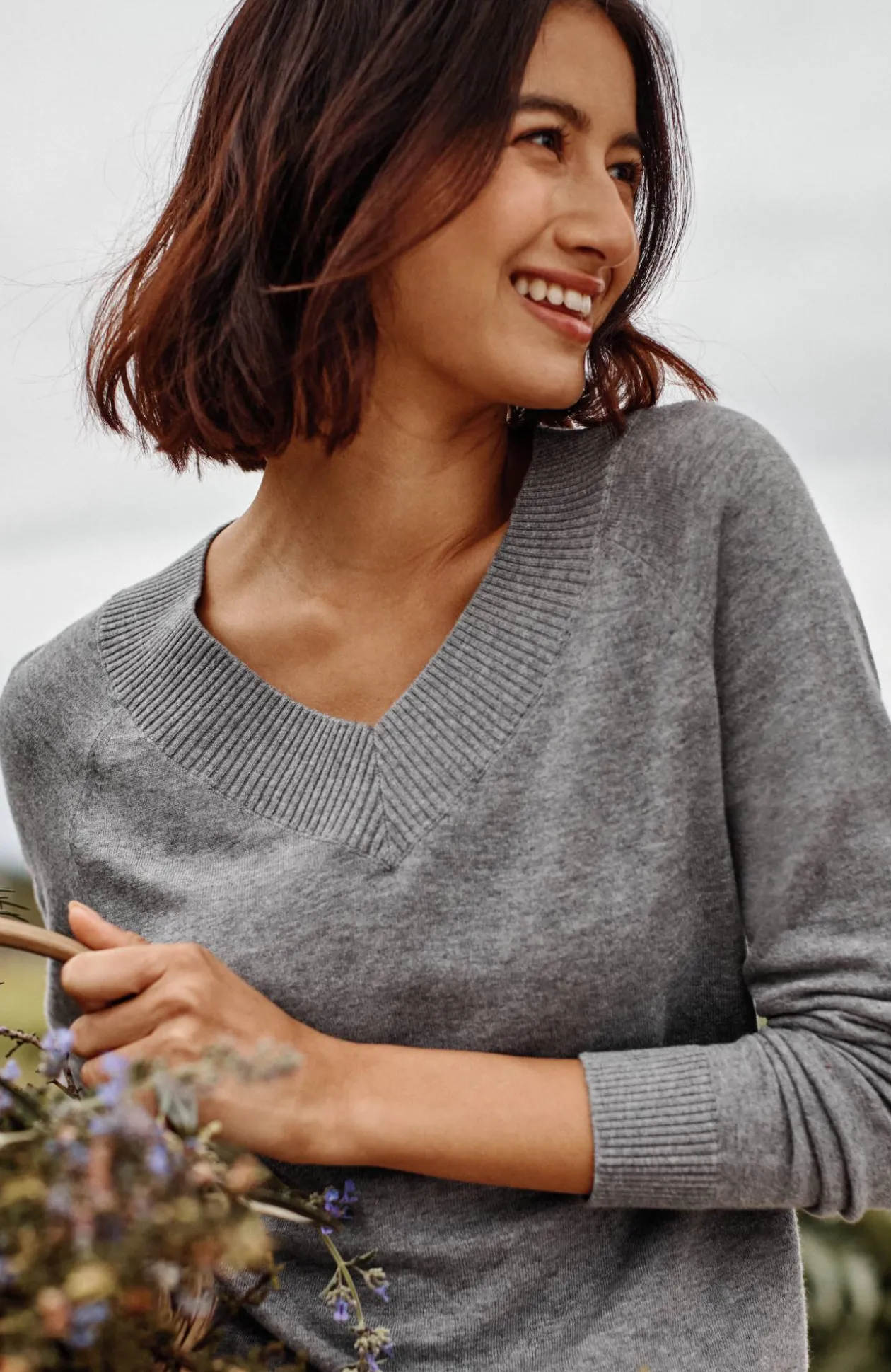Ribbed-Border V-Neck Sweater