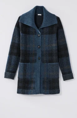 Ribbed-Collar Plaid Sweater-Jacket