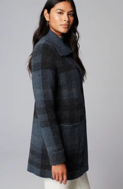 Ribbed-Collar Plaid Sweater-Jacket