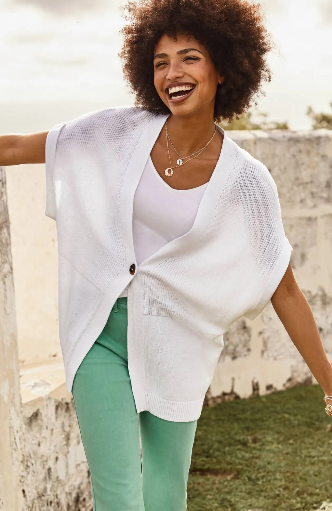 Ribbed-Detail Short-Sleeve Cardi