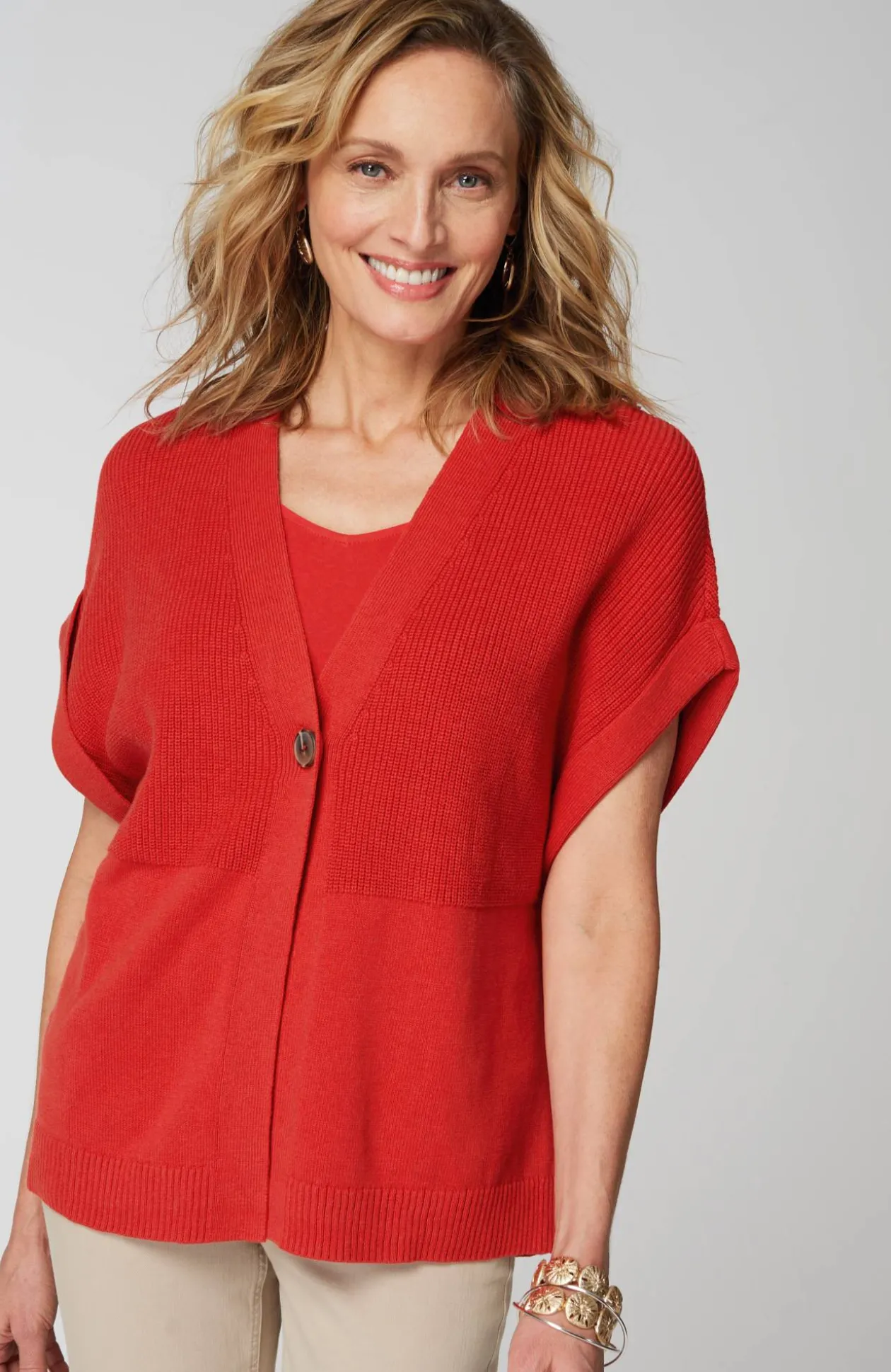 Ribbed-Detail Short-Sleeve Cardi