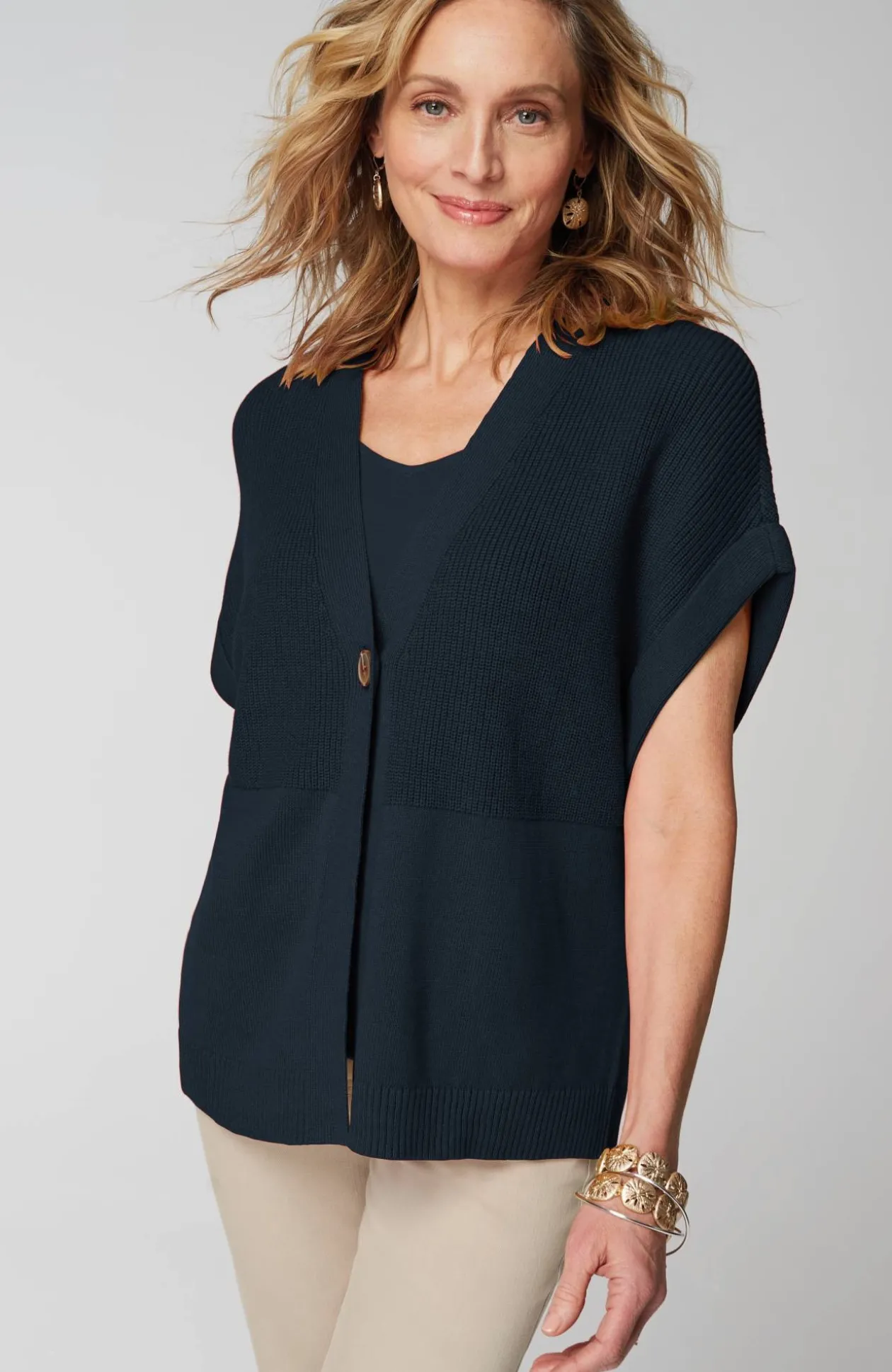Ribbed-Detail Short-Sleeve Cardi